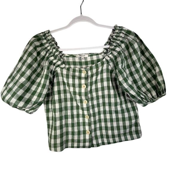 Madewell Tops - Madewell Gingham Puff Sleeve Crop Top Green Linen Blend XS